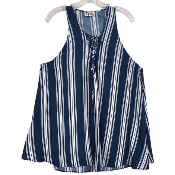 SHOW ME YOUR MUMU Rancho Mirage Tunic Dress Size Medium Lace Up Navy Blue Stripe - Picture 3 of 14